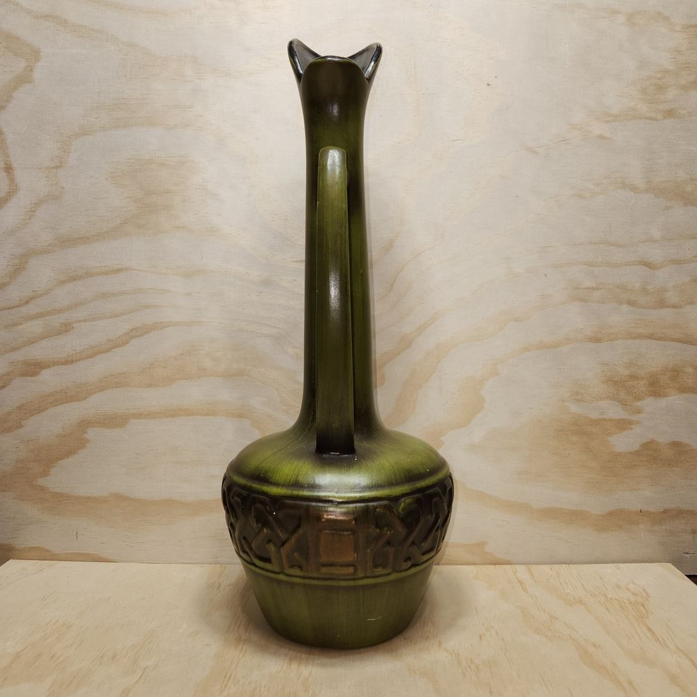 Vintage MCM Green Brown Bronze Ceramic Long Neck Pitcher Vase Pottery - Picture 2 of 11